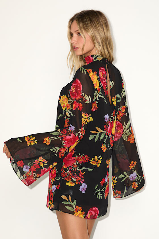 Perfected Charm Black Multi Floral Bell Sleeve Mini Shift Dress