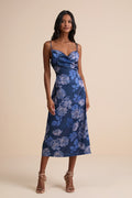 Favorite Icon Dark Blue Floral Satin Cowl Neck Slip Midi Dress