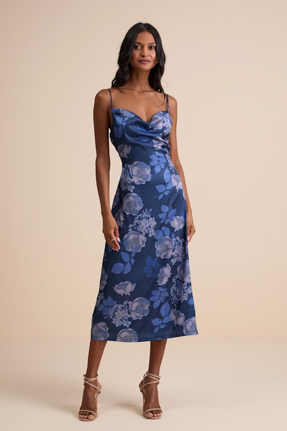 Favorite Icon Dark Blue Floral Satin Cowl Neck Slip Midi Dress