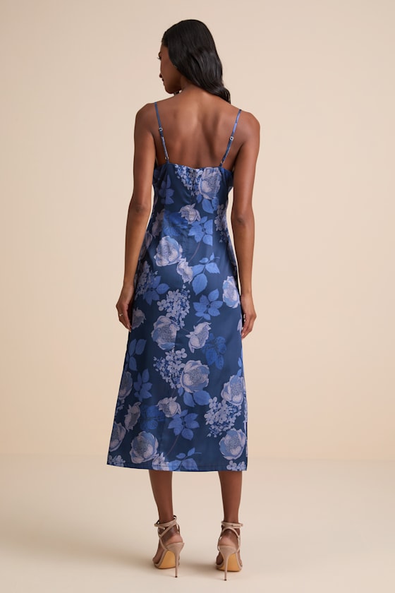 Favorite Icon Dark Blue Floral Satin Cowl Neck Slip Midi Dress