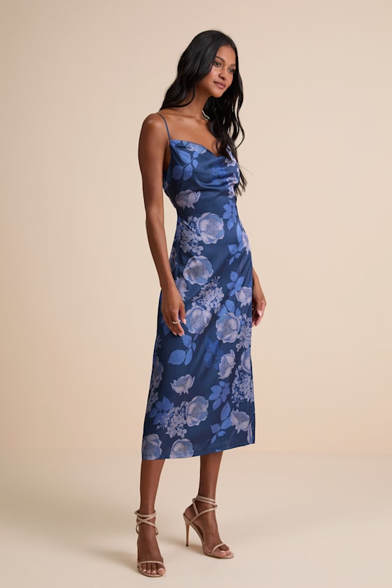 Favorite Icon Dark Blue Floral Satin Cowl Neck Slip Midi Dress
