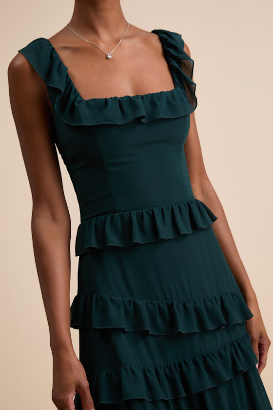 Compelling Romantic Dark Green Ruffled Tiered Maxi Dress