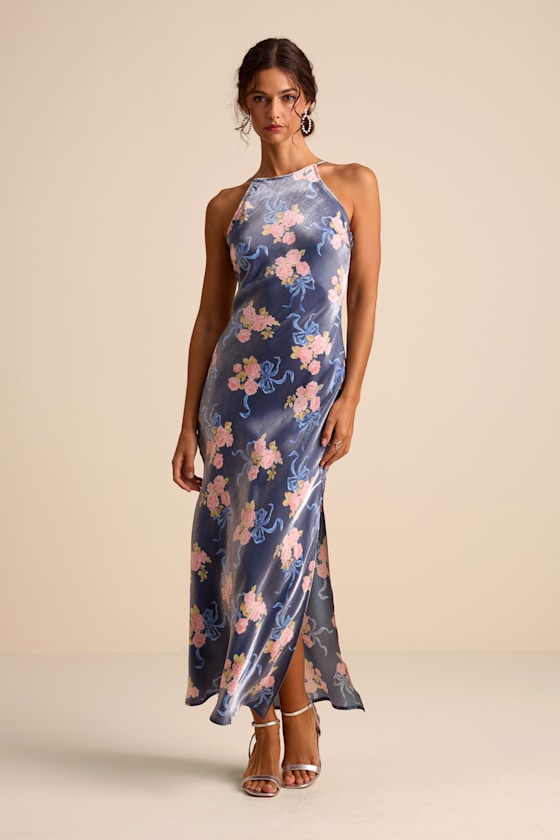 Mannon Slate Blue Floral and Bow Print Backless Maxi Dress