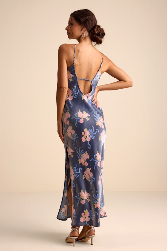 Mannon Slate Blue Floral and Bow Print Backless Maxi Dress