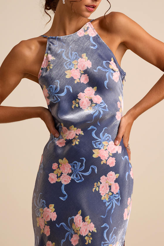 Mannon Slate Blue Floral and Bow Print Backless Maxi Dress