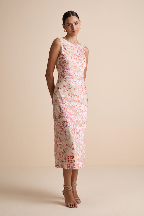 Tarice Beige Floral Jacquard Cowl Back Midi Dress