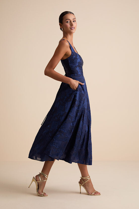 Loira Navy Burnout Jacquard Lace-Up Midi Dress