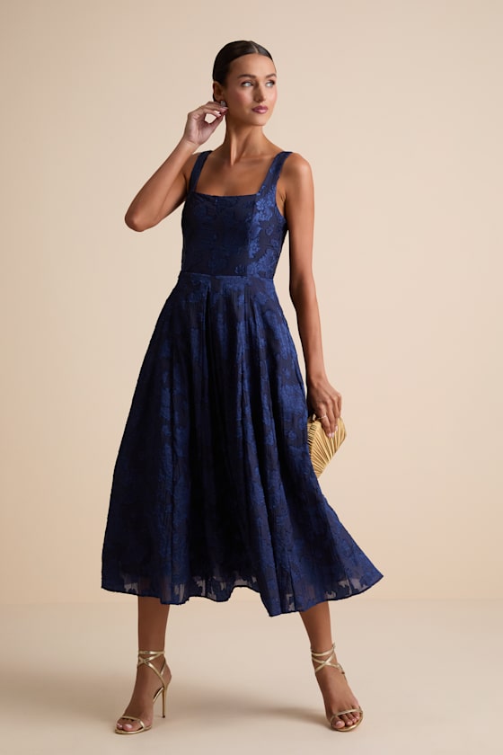 Loira Navy Burnout Jacquard Lace-Up Midi Dress