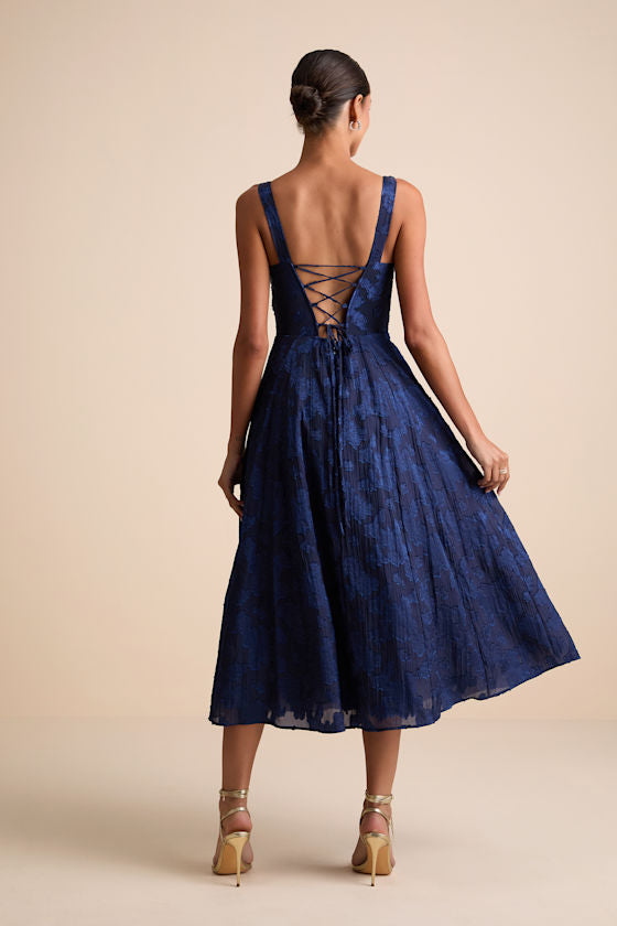 Loira Navy Burnout Jacquard Lace-Up Midi Dress