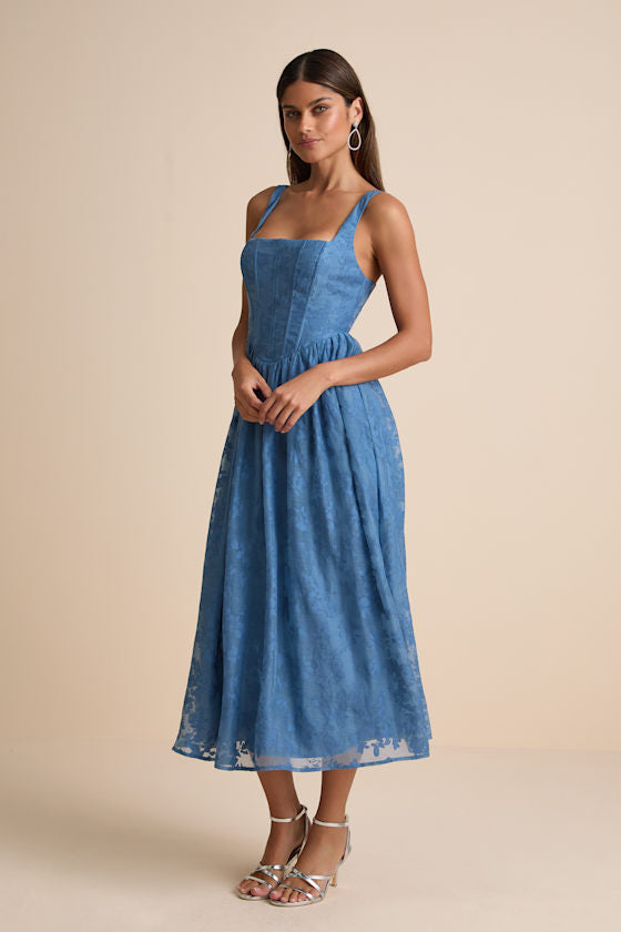Colwyn Blue Floral Jacquard Bustier Midi Dress