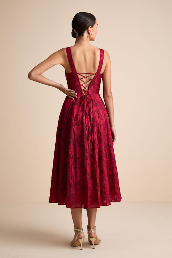 Loira Burgundy Burnout Jacquard Lace-Up Midi Dress