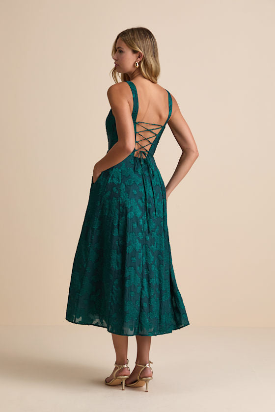 Loira Emerald Burnout Jacquard Lace-Up Midi Dress
