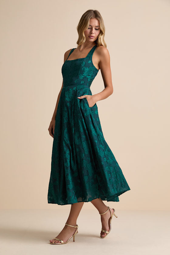 Loira Emerald Burnout Jacquard Lace-Up Midi Dress