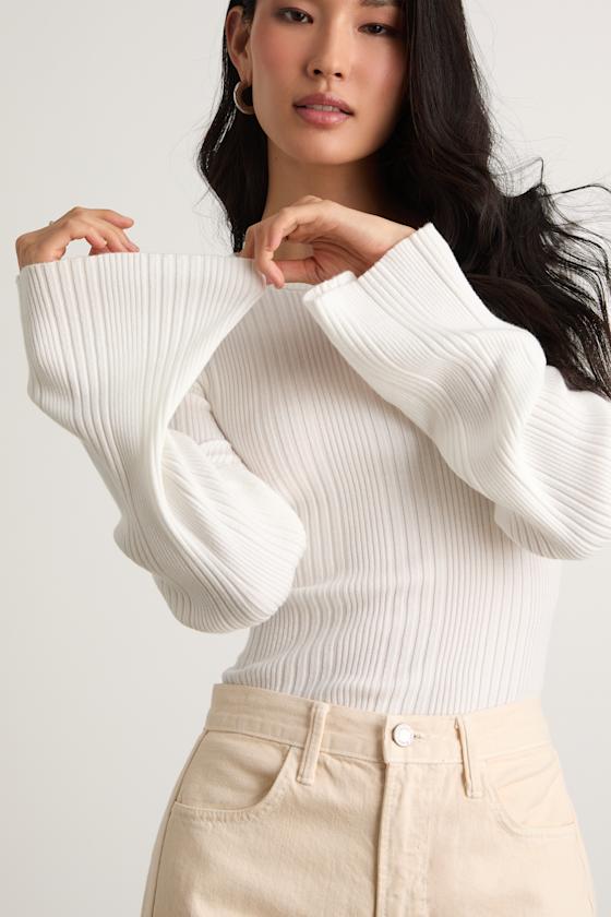 Nydia White Ribbed Long Sleeve Sweater Top