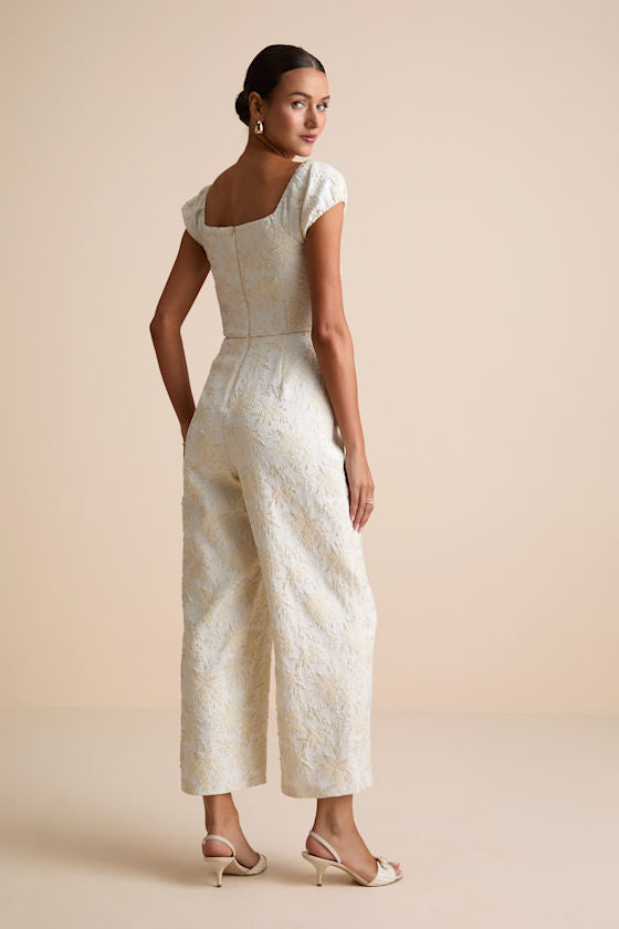 New Glam Cream Floral Jacquard Bustier Off-the-Shoulder Jumpsuit