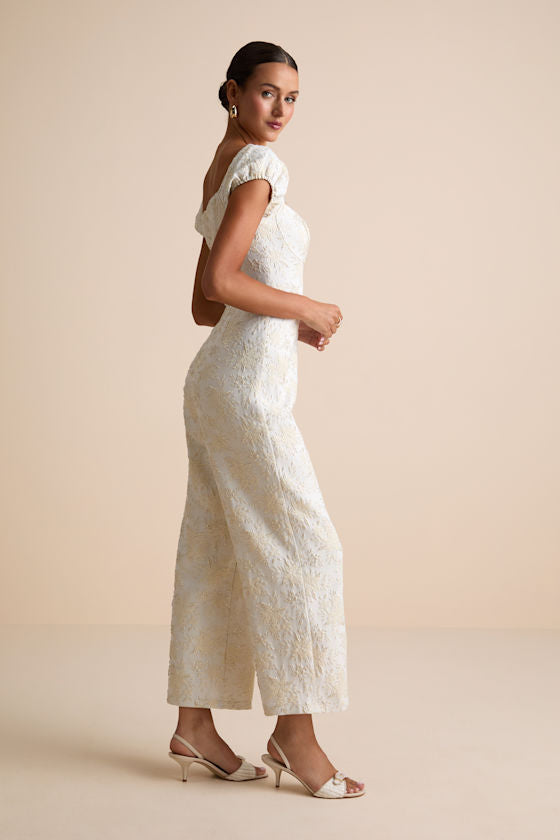 New Glam Cream Floral Jacquard Bustier Off-the-Shoulder Jumpsuit