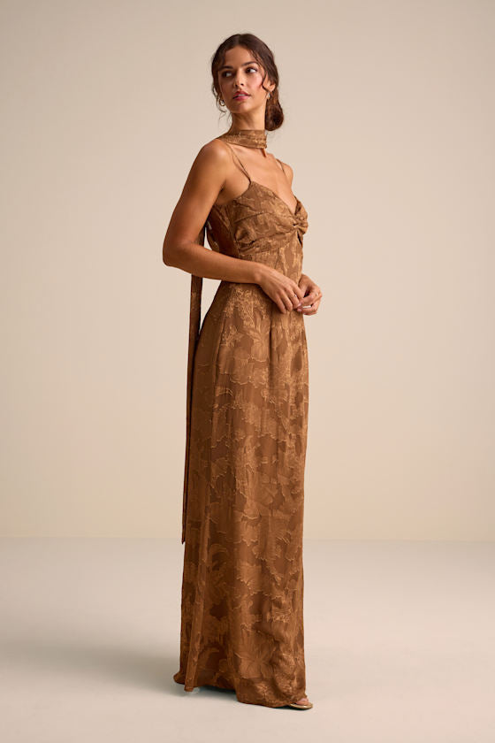 Rashona Light Brown Burnout Sash Scarf Maxi Dress