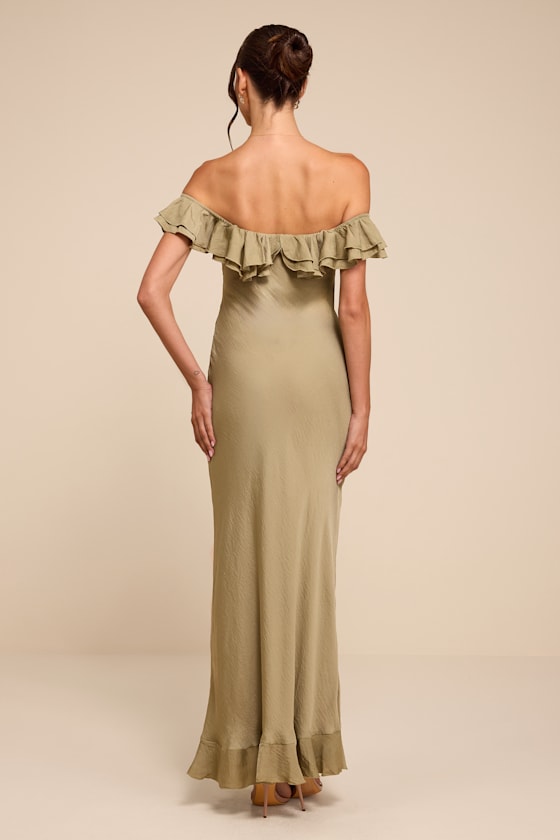 Eloisa Light Olive Satin Off-the-Shoulder Maxi Dress