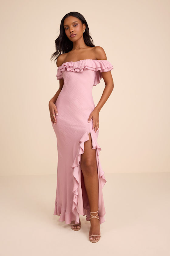 Eloisa Lilac Satin Off-the-Shoulder Maxi Dress