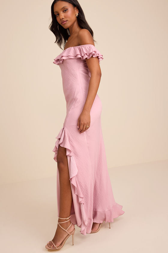 Eloisa Lilac Satin Off-the-Shoulder Maxi Dress