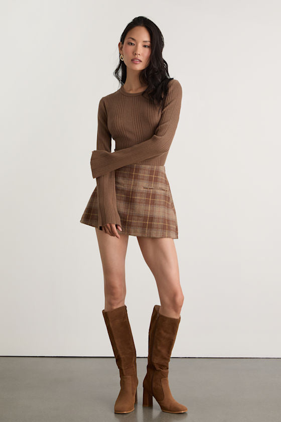 Nydia Brown Ribbed Long Sleeve Sweater Top