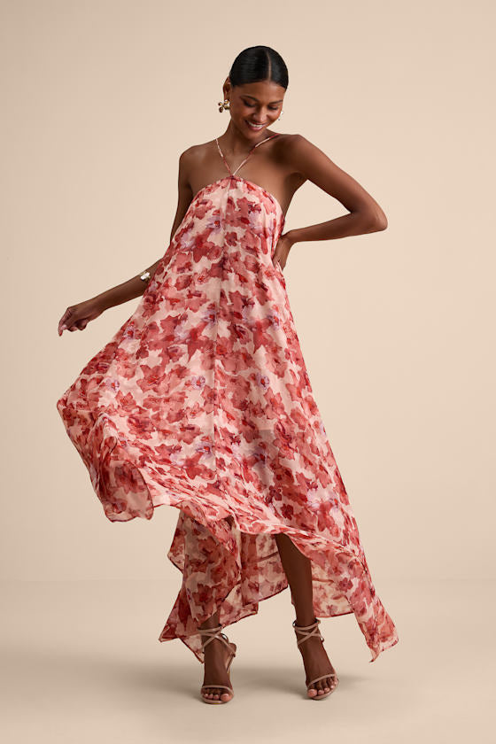 Dezzi Blush Multi Floral Halter Shift Maxi Dress