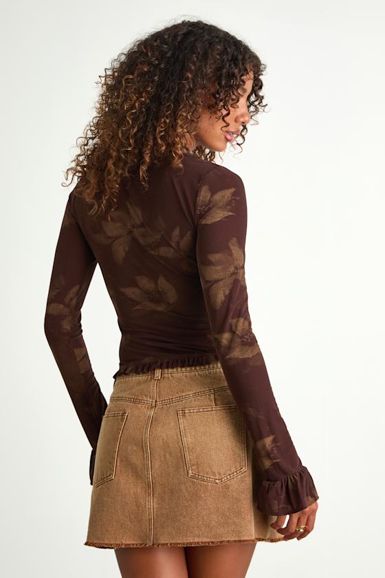 Glynn Brown Floral Mesh Long Sleeve Top