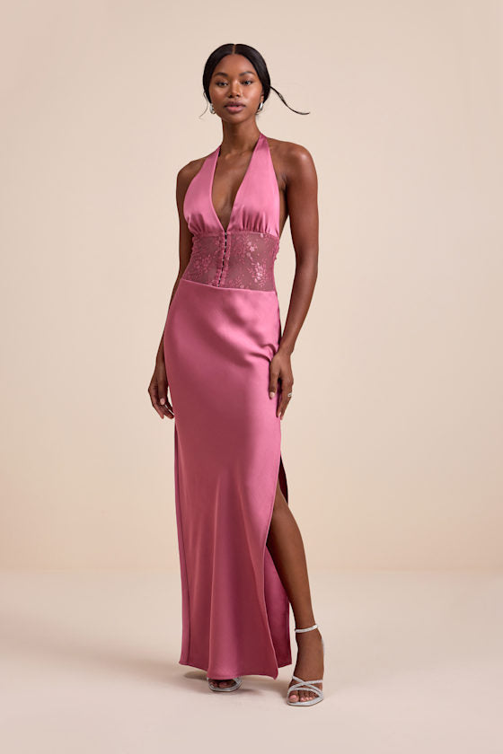 Lennon Mauve Pink Satin Lace Halter Maxi Dress