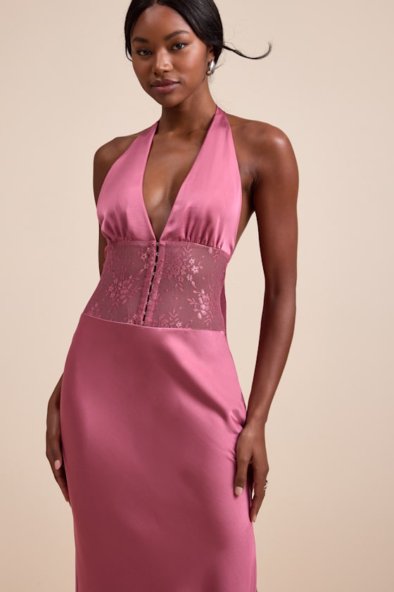 Lennon Mauve Pink Satin Lace Halter Maxi Dress