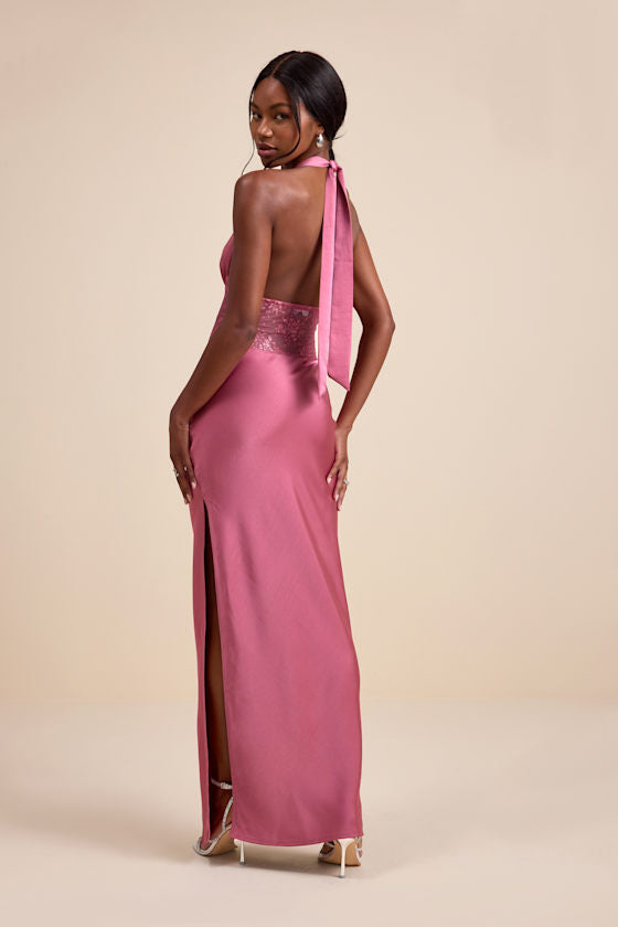Lennon Mauve Pink Satin Lace Halter Maxi Dress