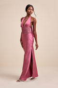 Lennon Mauve Pink Satin Lace Halter Maxi Dress