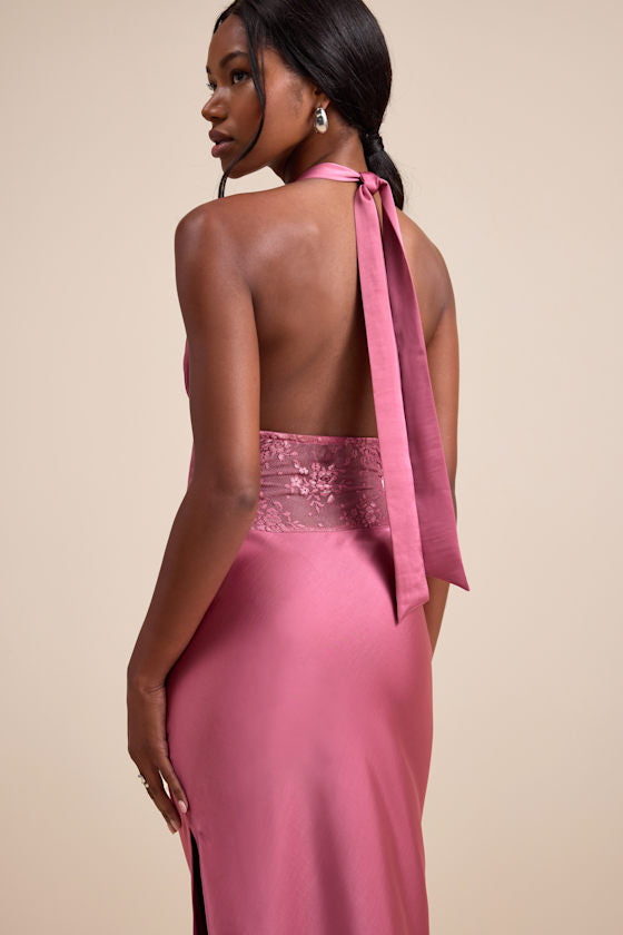 Lennon Mauve Pink Satin Lace Halter Maxi Dress