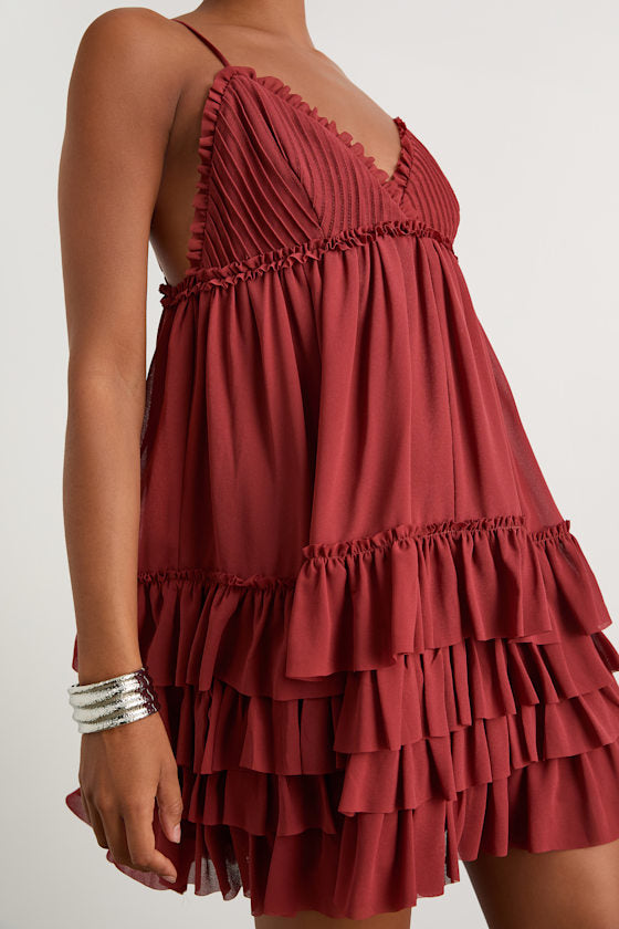Asuka Rust Ruffled Tiered Mini Dress