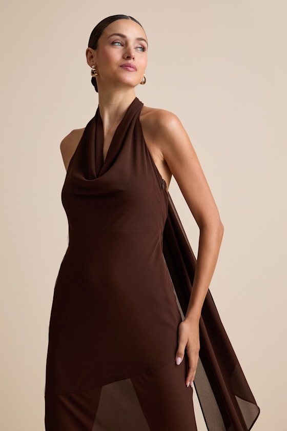 Eshai Brown Cowl Halter Midi Dress