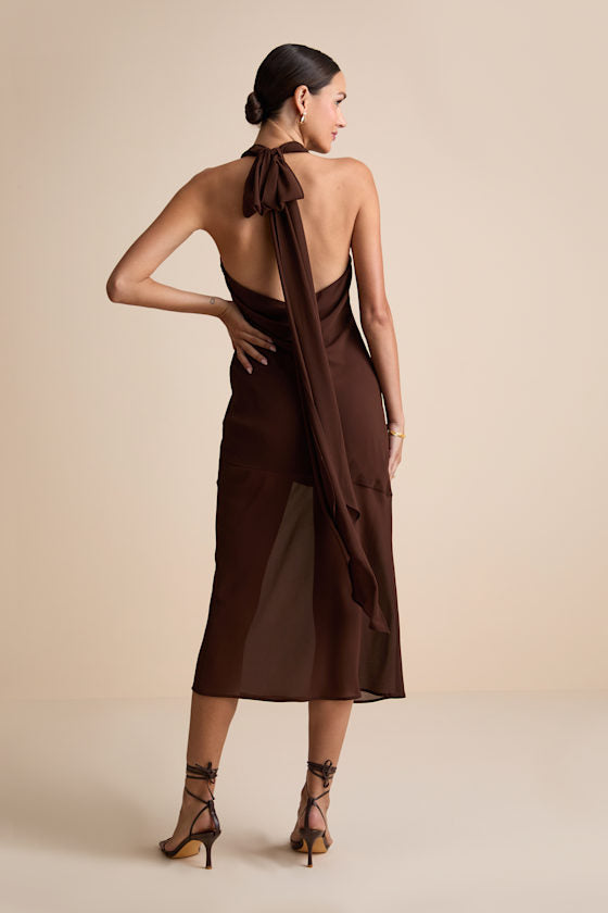 Eshai Brown Cowl Halter Midi Dress