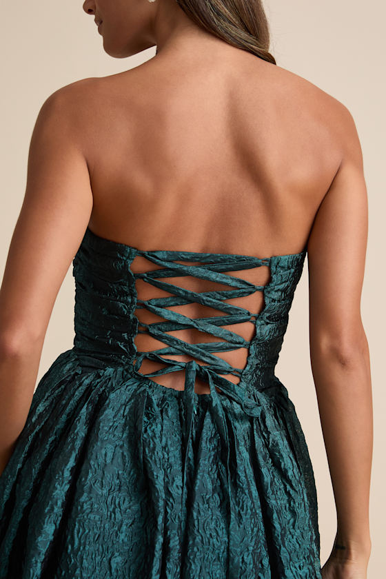 Analeia Dark Teal Jacquard Lace-Up Strapless Midi Dress