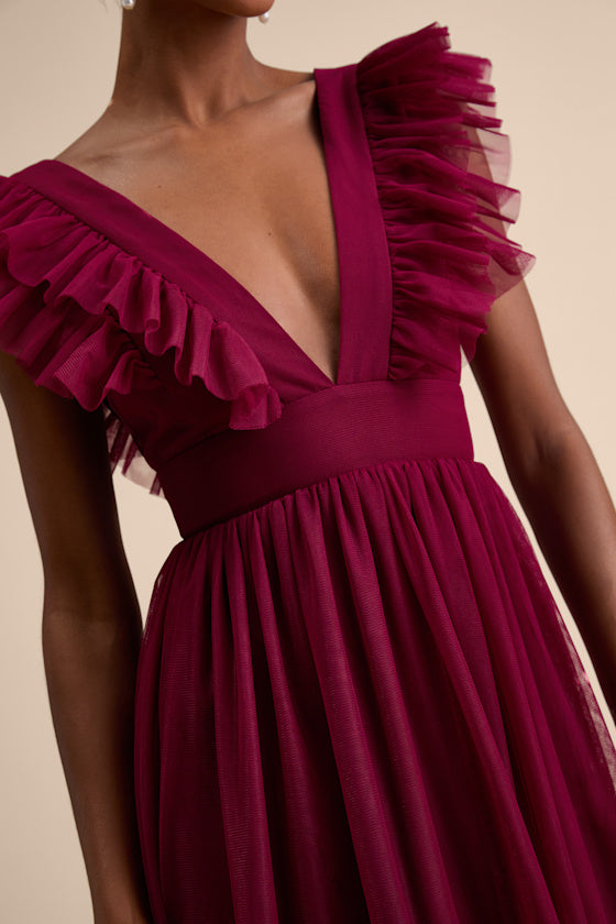 Simply Delighted Burgundy Mesh Ruffled Backless Maxi Dress