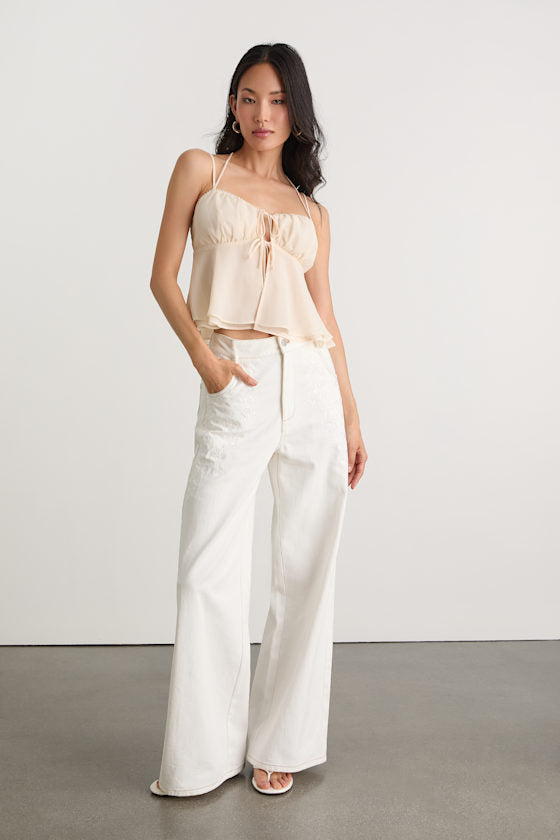 Yasha Cream Tie-Front Babydoll Cami Top