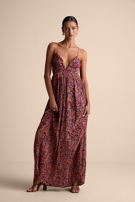 Kit Plum Multi Floral Pleated Lace-Up Maxi Dress