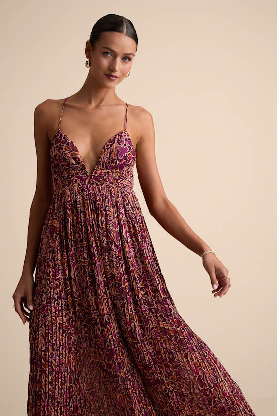 Kit Plum Multi Floral Pleated Lace-Up Maxi Dress