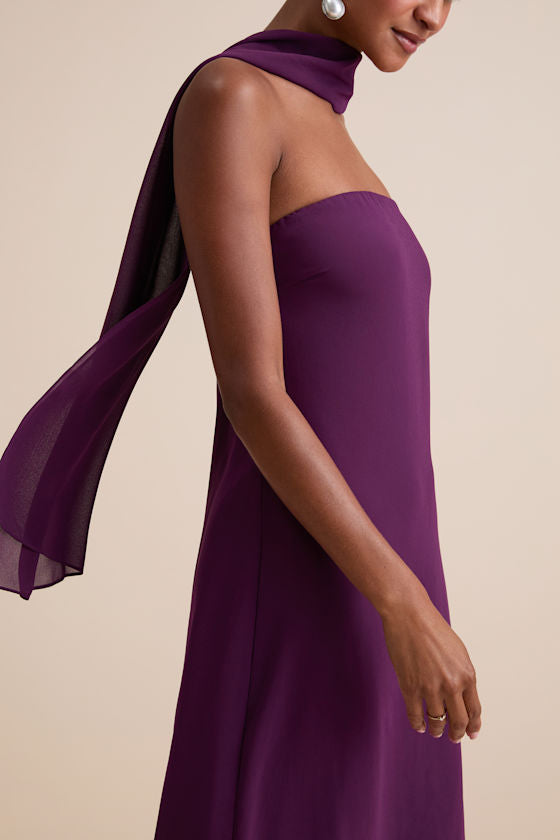 Rawya Plum Purple Strapless Maxi Dress and Scarf Set