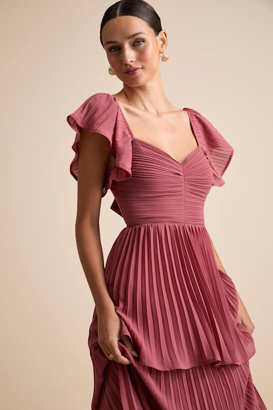 Notorious Charm Rusty Rose Pleated Flutter Sleeve Maxi Dress