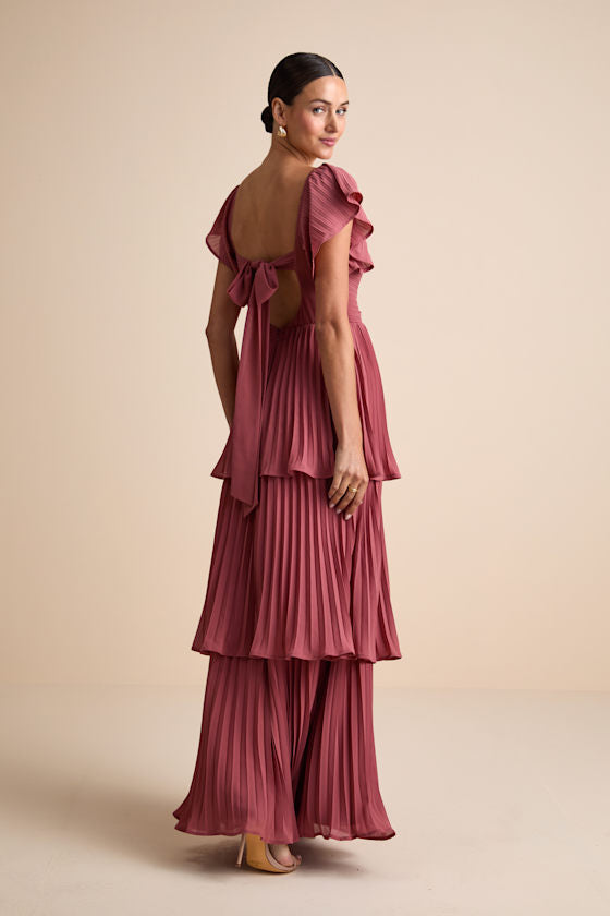 Notorious Charm Rusty Rose Pleated Flutter Sleeve Maxi Dress