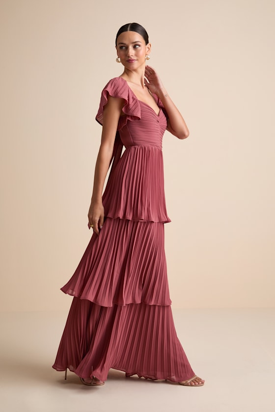 Notorious Charm Rusty Rose Pleated Flutter Sleeve Maxi Dress