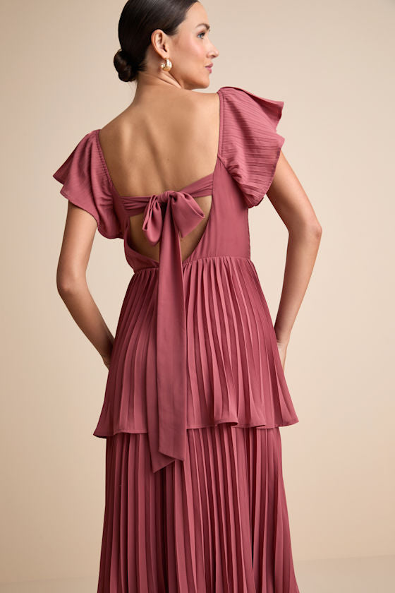 Notorious Charm Rusty Rose Pleated Flutter Sleeve Maxi Dress
