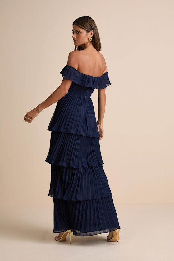 Always Remarkable Navy Pleated Off-the-Shoulder Maxi Dress