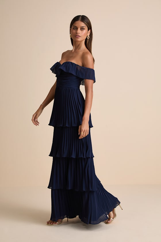 Always Remarkable Navy Pleated Off-the-Shoulder Maxi Dress