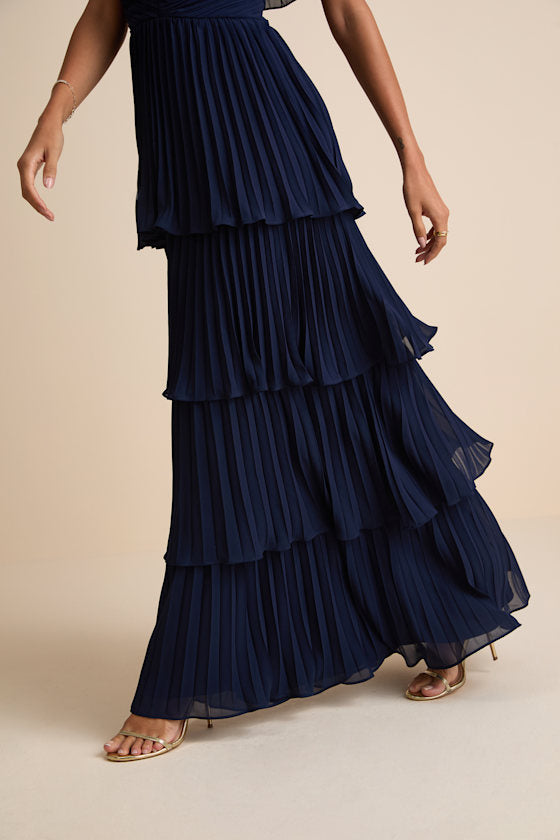 Always Remarkable Navy Pleated Off-the-Shoulder Maxi Dress