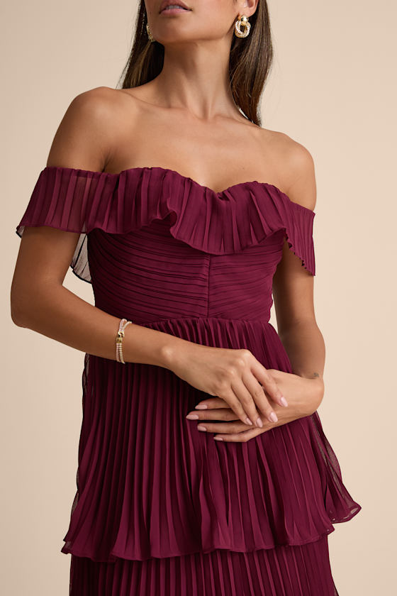 Always Remarkable Burgundy Pleated Off-the-Shoulder Maxi Dress