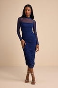 Impressive Flirt Navy Mesh Ruched Mock Neck Midi Dress
